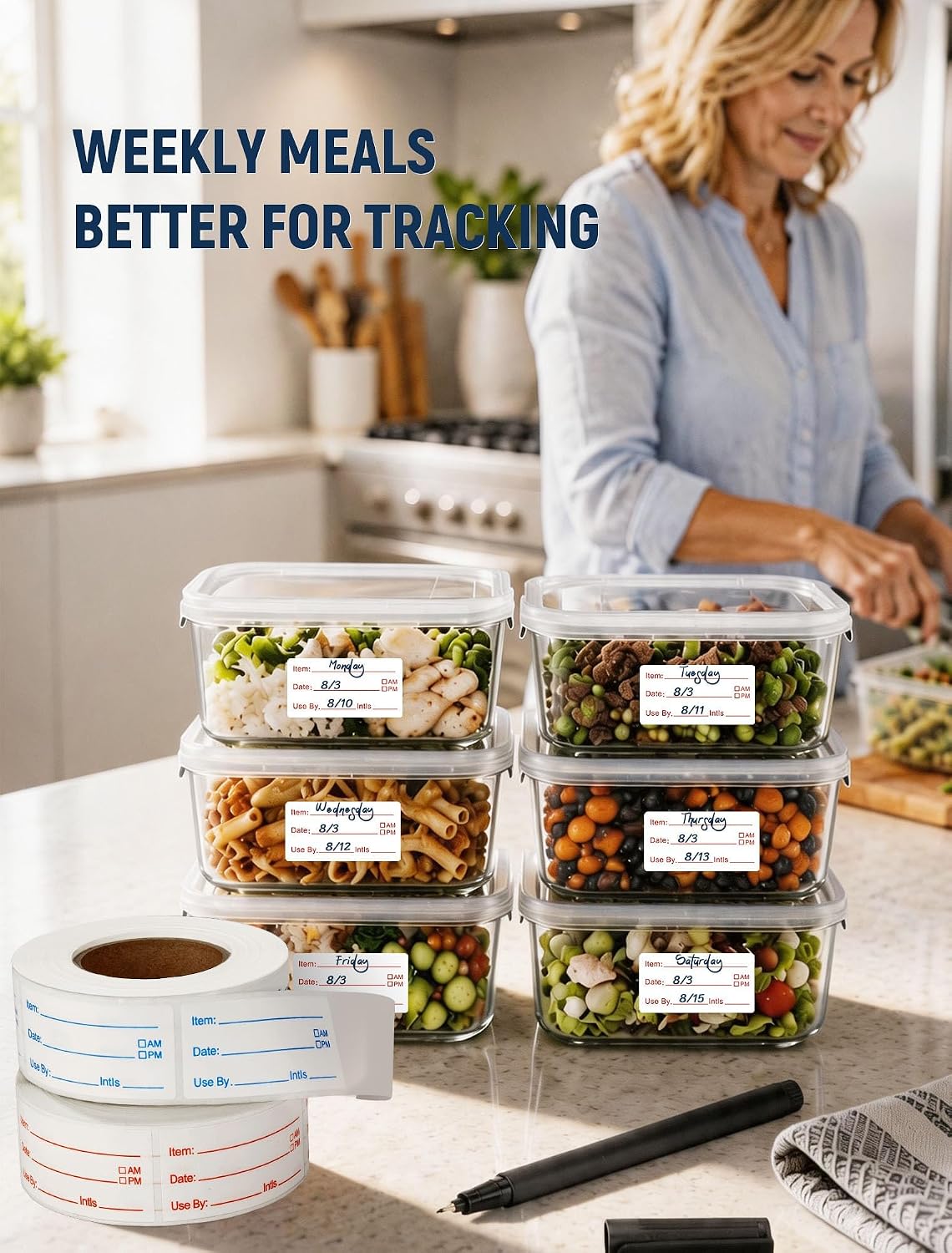 2 Rolls 1000 Pcs Removable Food Labels, 1 x 2 Inch Date Stickers w/Bonus Writing Pen for Freezer Refrigerator Food Containers, Easy to Write on Food Labeling for Food Storage Organization Kitchen Use