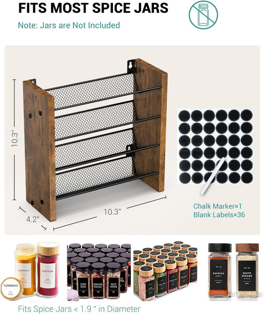 Spice Rack Organizer for Cabinet, Wood 4-Tier Vertical Seasoning Organizer, Wall Mount or Countertop Spice Shelf, Holds 28 Jars (No Jars Included), 14" W x 9.4" H