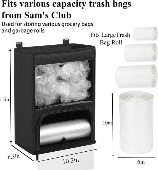 2-in-1 Plastic Bag Holder with Clear Window, Large Grocery Bag Holder and garbage bag dispenser with Easy-Access Openings, Trash bag organizer for Kitchen RV Cabinet Wall Mounted (Black)