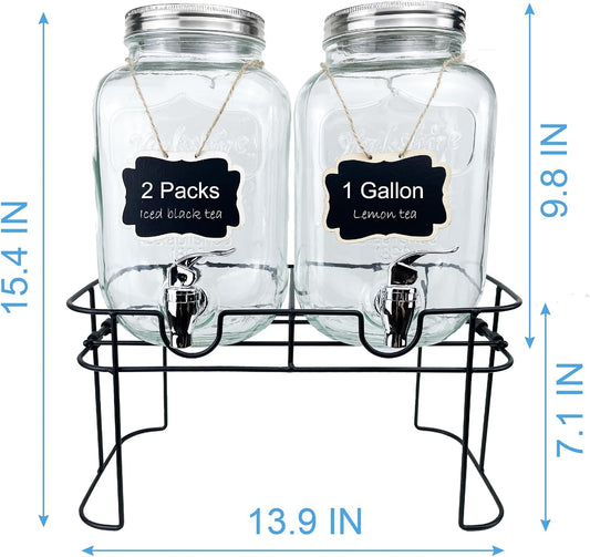 1 Gallon Glass Drink Dispenser for Parties, 2 Packs Juice Lemonade Ice Tea Water Dispenser with Stand, Beverage Dispensers with Spigot for BBQ, Picnic, Party
