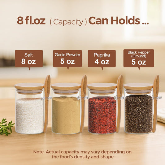 Glass Spice Jars with Labels 8 oz 6 Pack Square Bamboo Lids | Empty Containers, Seasoning Herbs Powders, Salt Pepper Chili, Kitchen Cabinet Storage Starter Set, Dry Goods