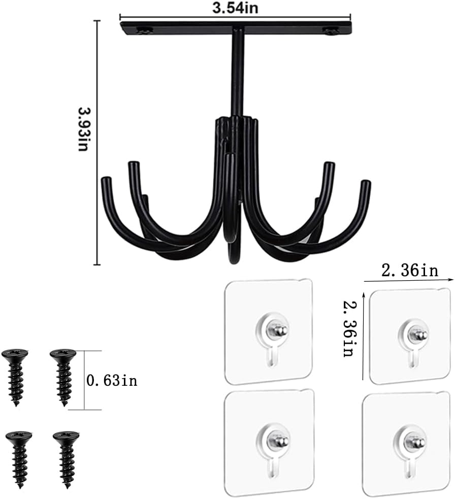 2pcs Under Cabinet Kitchen Utensil Hooks,360° Rotating Drilling Free Adhesive Utensils Hanging Rack for Tools/Towel/Knife (Black)