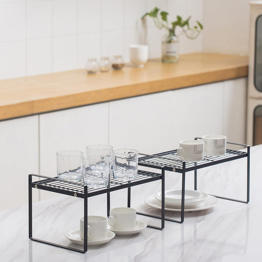 Cabinet Shelf Organizer, Pantry Shelf Rack, White 13x8.3x7.3 | 2-Pack Stackable Metal Riser Holds 40LBS with Non-Slip Feet for Kitchen Pantry Bathroom Countertop Freezer Cupboard