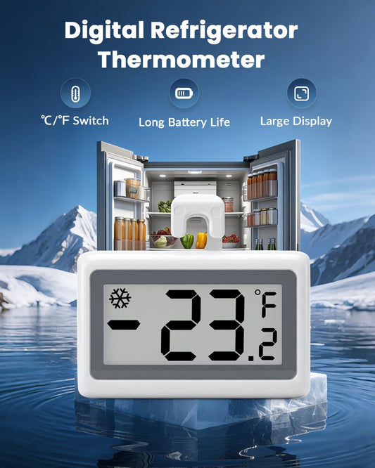 Digital Refrigerator Thermometer, White LCD Display with Hook Mount, Temperature Monitor for Freezer, Fridge - 3 PCS