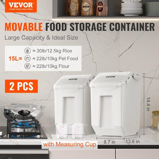 Rice Storage Container, 3.5Gal/15Lx2 + 4.5Gal/20Lx2 Large Dog Food Dispenser Bin, Kitchen Ingredient Grain Cereal Bin, Pet food Containers with Wheels, 4 Measuring Cups, Airtight Lid, 4 Pack