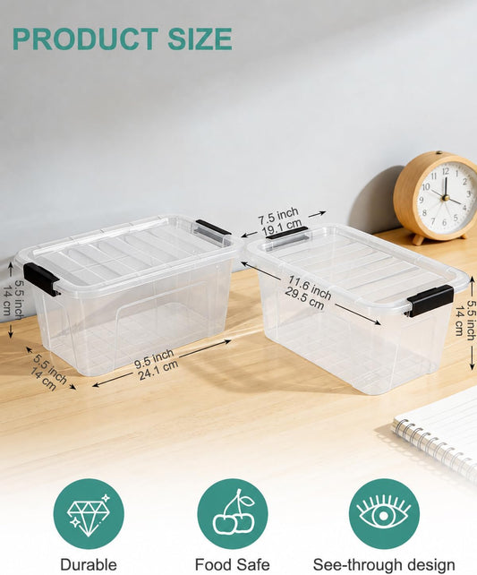 EOENVIVS Plastic Storage Bins with Lids 6 Pack, 6.7 Quart Storage Containers With Black Buckle Latch, Stackable Storage Organizers for Home Pantry Office Classroom Organization, Clear