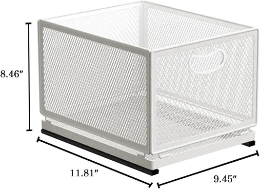 Sliding Cabinet Basket Organizer Drawer Self Adhesive Slide out Pantry Shelves Heavy Duty Carbon Steel Slide Cabinet Storage Basket with Handle for Bathroom Kitchen Home