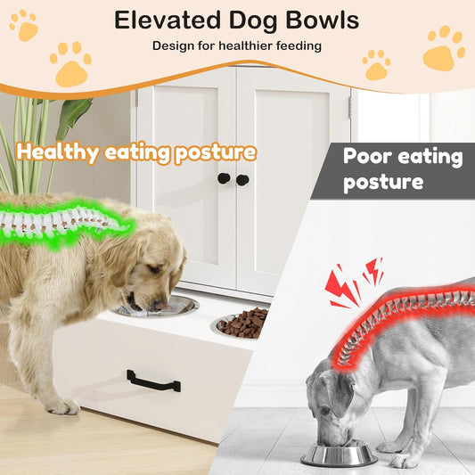 Dog Feeding Station Food Storage with 2 Elevated Stainless Bowls White Wood