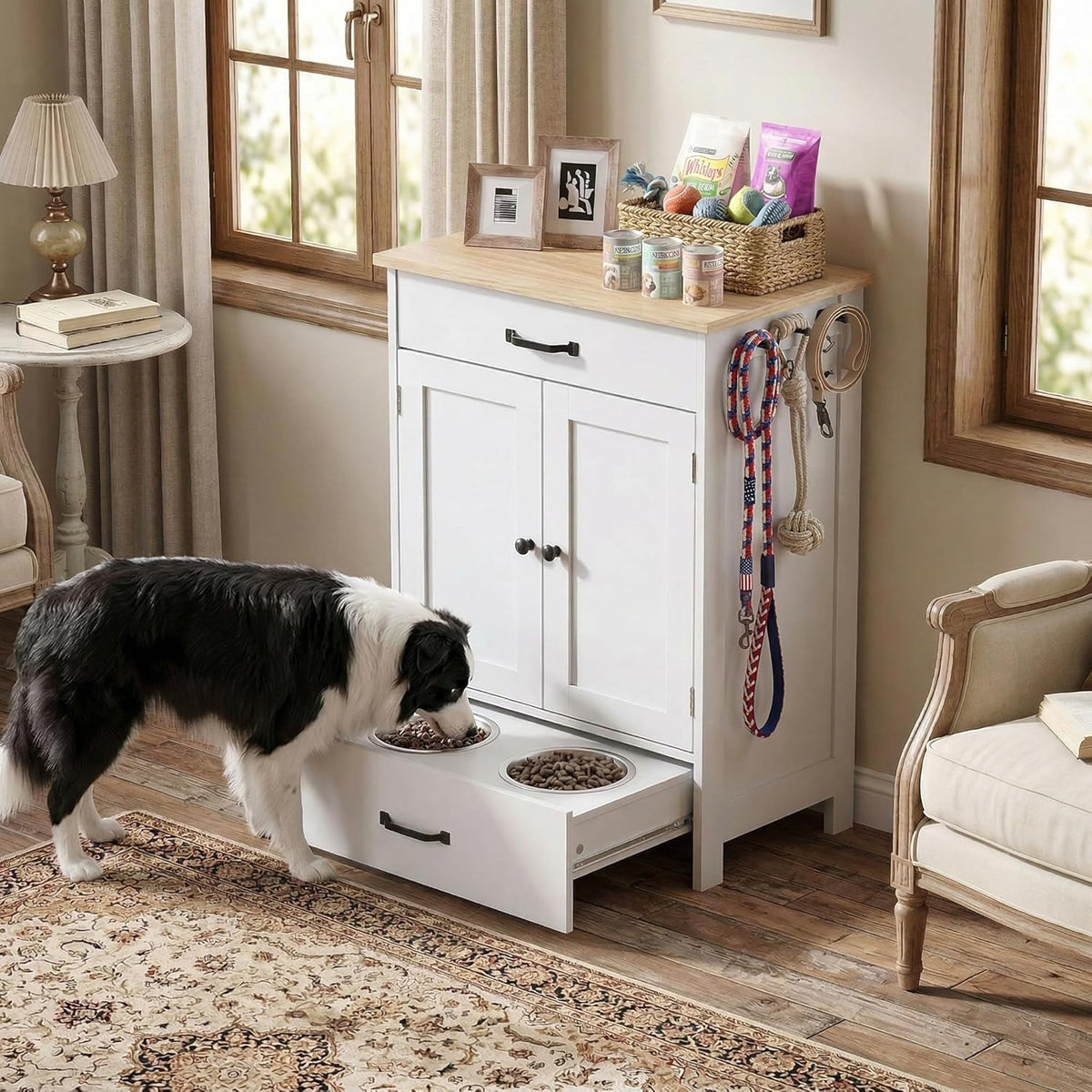 Dog Feeding Station Food Storage with 2 Elevated Stainless Bowls White Wood