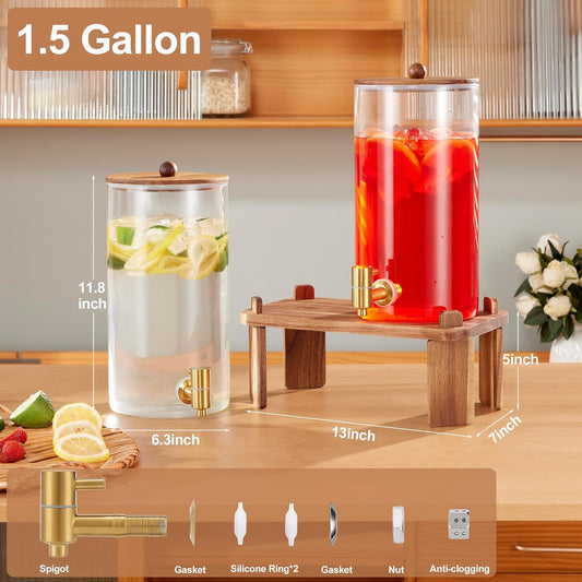 2pcs 1.5 Gallon Glass Drink Dispenser with Wood Stand