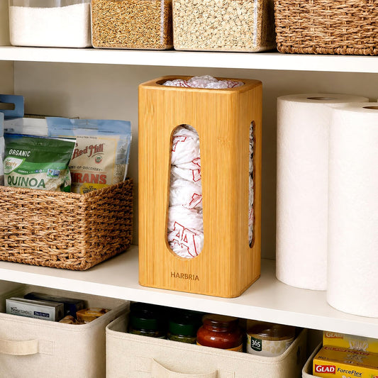 Bamboo Grocery Bag Holder, Wall Mount Plastic Bag Holder | Freestanding plastic bag organizer for easy storage, top loading and front access