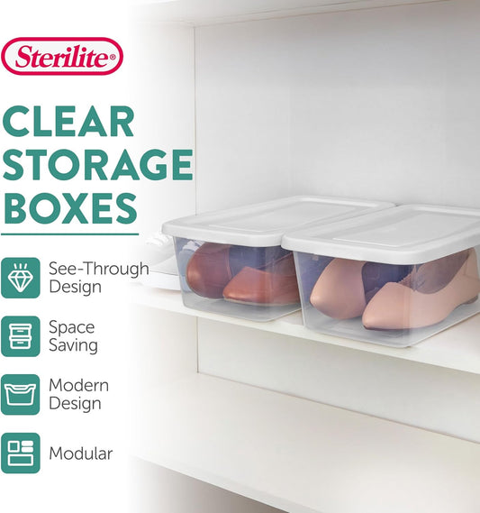 Storage Box Stackable Tote, White, 12 Quart | Clear Plastic Container with Secure Snapping Lids for Home and Office Organization