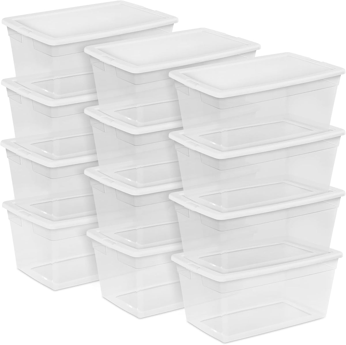 Storage Box Stackable Tote, White, 12 Quart | Clear Plastic Container with Secure Snapping Lids for Home and Office Organization