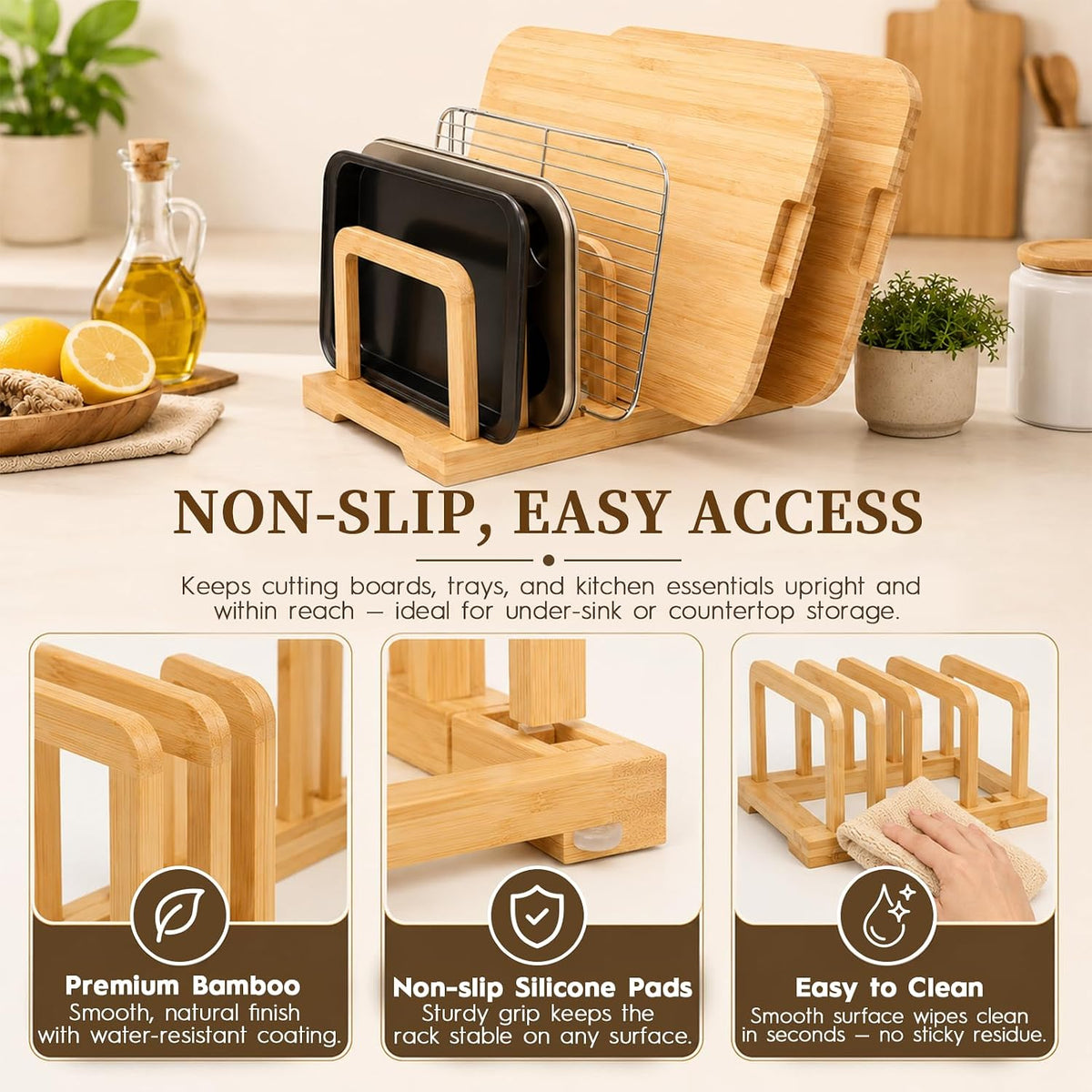 5-Slot Adjustable Cutting Board Rack,Bamboo Cutting Board Organizer Stand Holder,Chopping Board Holder,Pot Pan Lid Rack kitchen Shelf Bakeware for Kitchen Storage