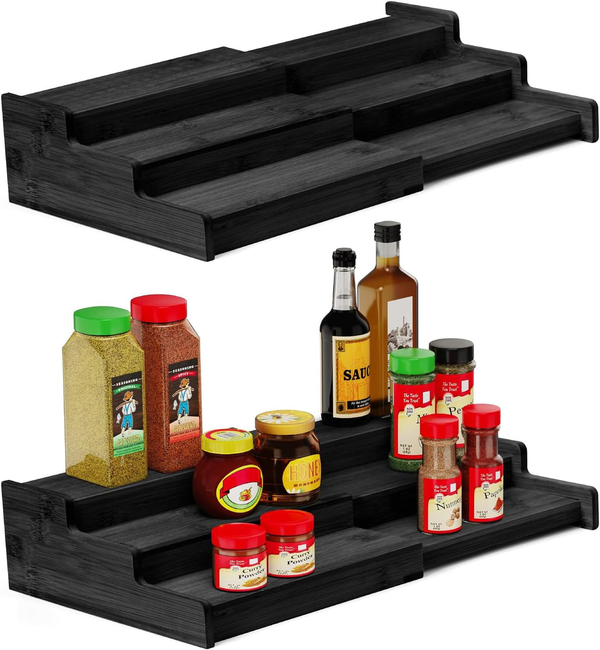 Spice Rack, 3-Tier Expandable Bamboo Spice Rack Organizer for Cabinet - Kitchen, Pantry and Cupboard Storage Organizer