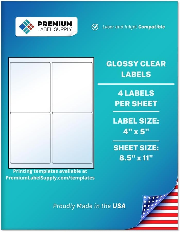 Glossy Clear Labels – 4" x 5" – Laser/Inkjet Compatible – (4 per Sheet), 10 Sheets – 40 Total Adhesive Labels