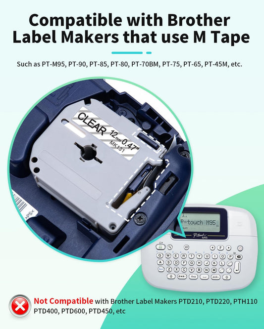 M-K231 M Tape Replace for Brother P-Touch M-K231s MK231 M-231 M231 | PTM95 Label Tape 12mm 0.47 White Non-Laminated for Brother PT-M95 PT-65 PT-45 PT-70 PT85 PT90 Label Maker Refills, 4-Pack