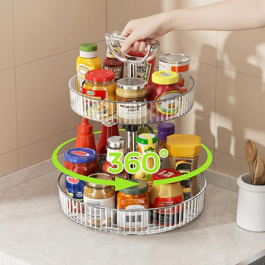 2-Tier Lazy Susan 360° Rotating Turntable Organizer Rack with Handles Height Adjustable, Spice Rack Holder Organizer for Cabinet, Pantry Organizers Bathroom Countertop Storage (Transparent Color)