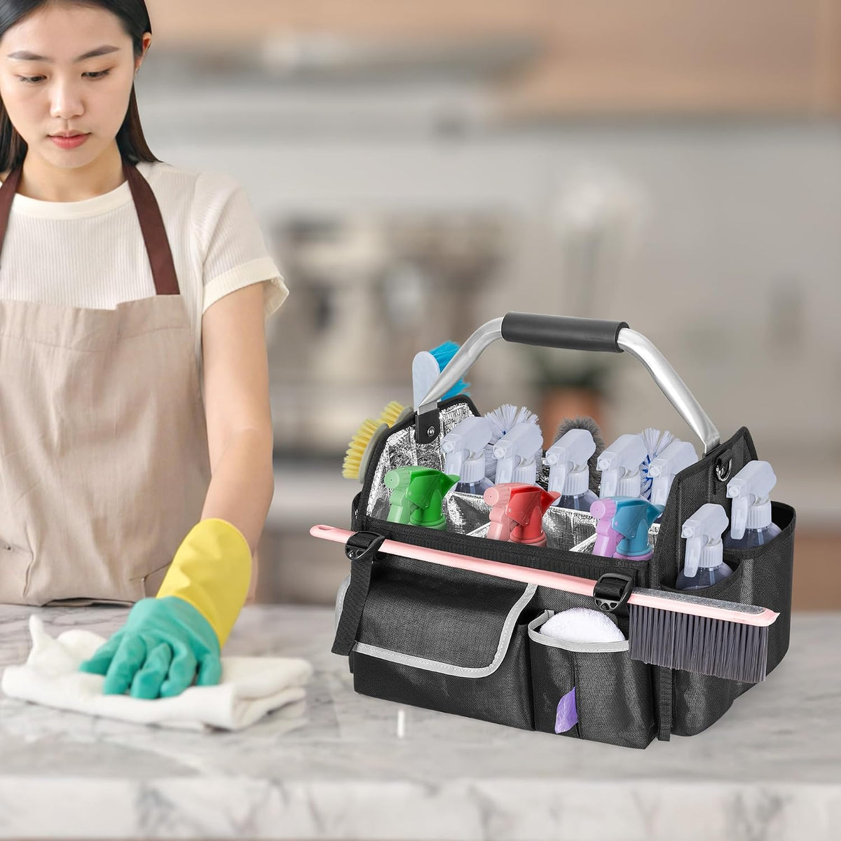 Wearable Cleaning Caddy Organizer with Divider & Support Pad | Cleaning Supplies Bag with Handle & Detachable Shoulder Strap, Housekeeping Storage Box with Multi Pockets, Bag Only