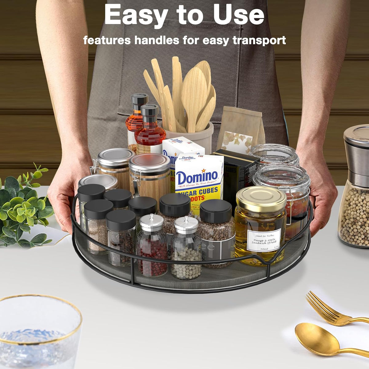Lazy Susan Turntable Organizer for Cabinet Pantry Kitchen Countertop Refrigerator Cupboard, Pine Wood, 9", Carbonized Black