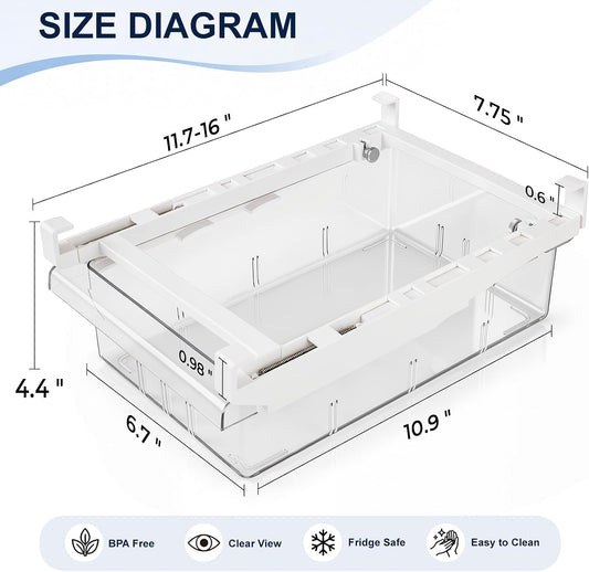 Fridge Drawer Organizer Pull-Out Under Shelf Bin, Adjustable Dividers | BPA-Free Clear Space-Saving Storage