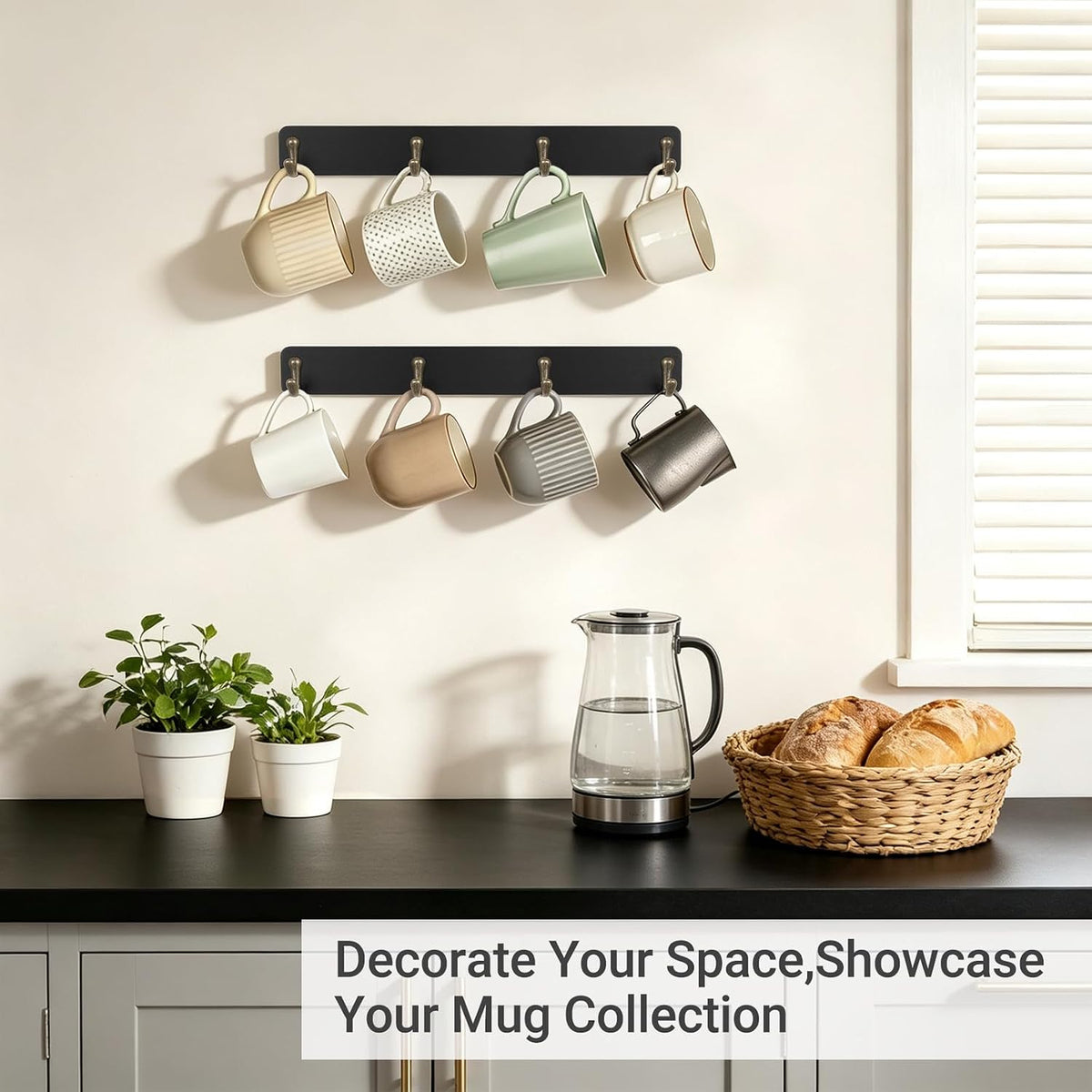 Wall Mug Holder, Wooden Coffee Cup Hanger Rack with 8 Hooks, Brown