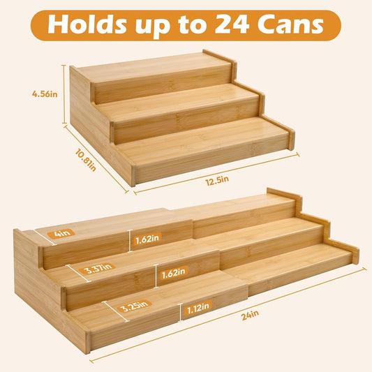 3 Tier Expandable Bamboo Can Rack Organizer for Pantry,Adjustable Pantry Organizers Holds Up to 24 Soda Cans,Canned Food Storage for Kitchen Cabinet Countertop