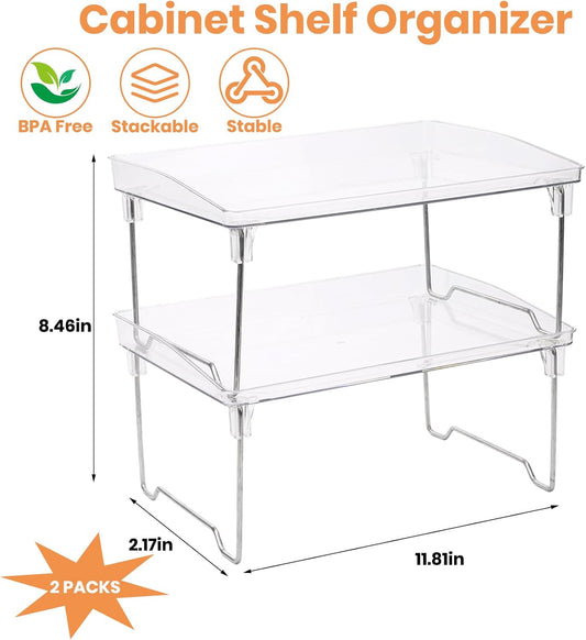 2 Pcs Stackable Cabinet Organizer Shelf | Transparent Countertop Storage Rack with Metal Base Space Saving Kitchen & Cosmetic Shelf for Cabinet Counter Pantry Bathroom