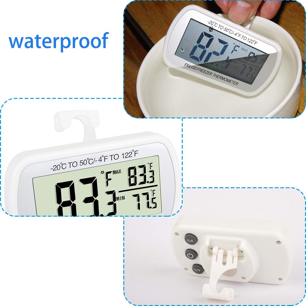 2 Pack Refrigerator Fridge Thermometer Digital Freezer Room Thermometer Waterproof Large LCD Display Max/Min Record Function-Black