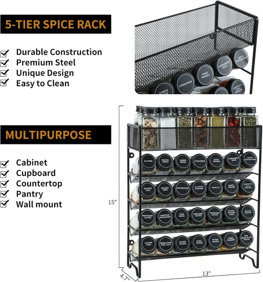 Spice Rack Organizer with 28 Spice Jars, Black Lids,Spice Labels, Chalk pen and Funnel Set for Cabinet, Countertop, Pantry, Cupboard or Wall Mount