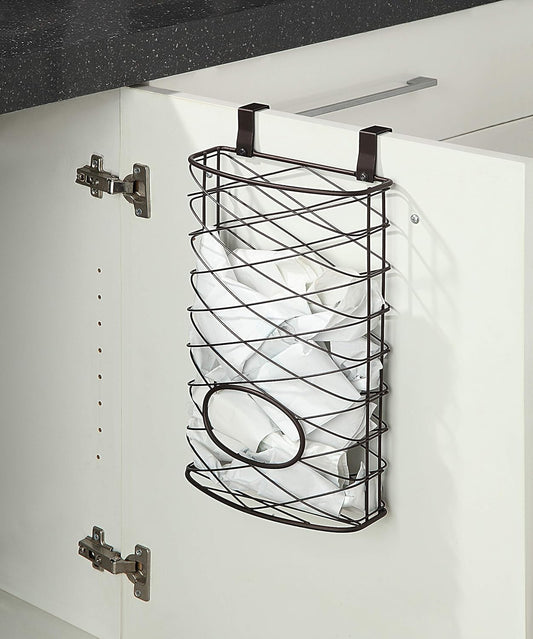 Over Cabinet Kitchen Storage Organizer Holder or Basket - Hang Over Cabinet Doors in Kitchen/Pantry - Holds up to 50 Plastic Shopping Bags (SILVER)