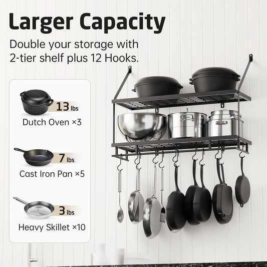 30-Inch Kitchen Pot Rack - Mounted Hanging Rack for Kitchen Storage and Organization - Matte Black 2-Tier Wall Shelf with Guard Rail for Pots and Pans Organizer with 12 Hooks - KUR215S75B-BK
