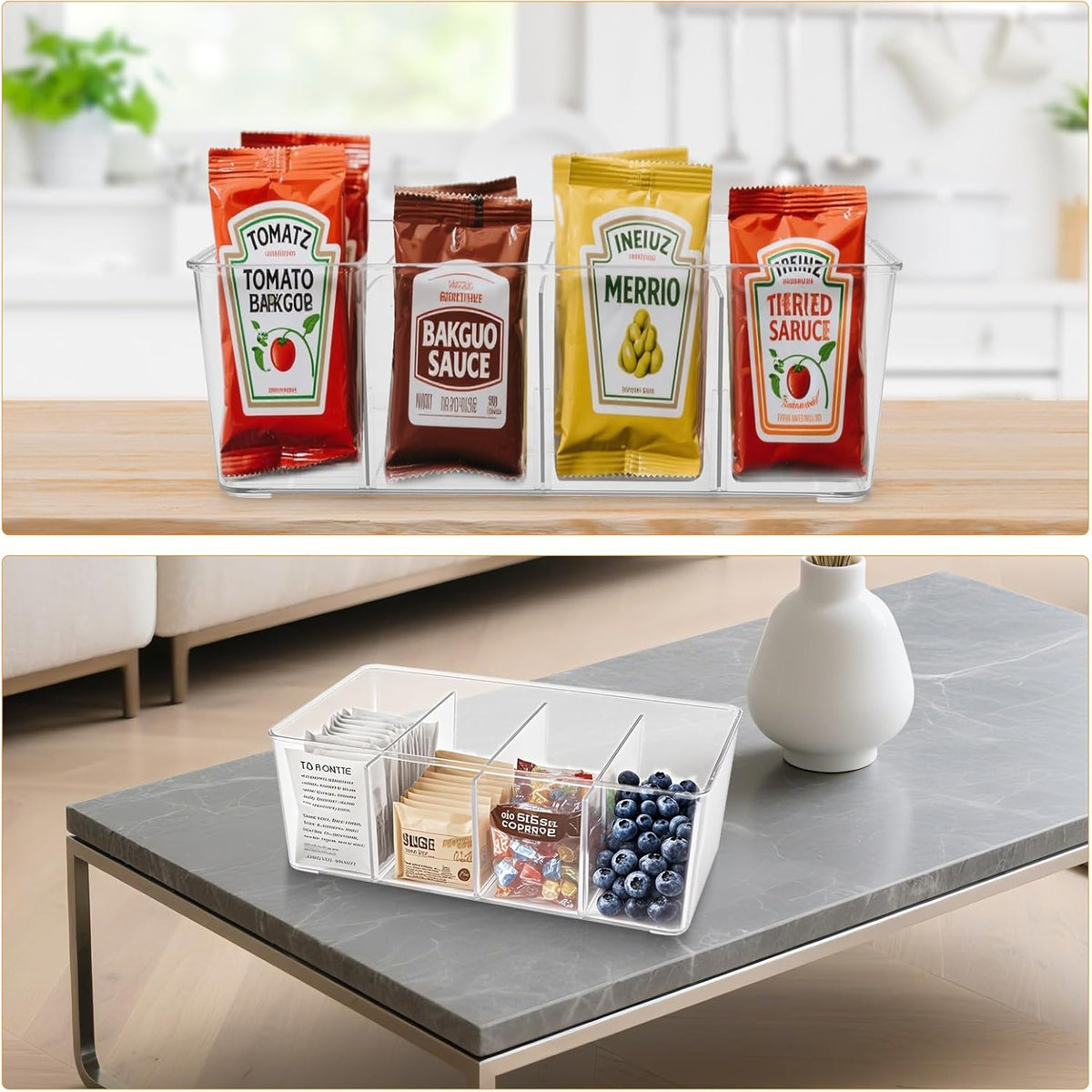 2 Pack Sauce Packet Organizer, Storage Box for Ketchup Packets, Hot Sauce Packets, and Condiment Packets, Made of Clear Plastic, Suitable for Kitchen Storage, Refrigerator Storage, One Lid Included