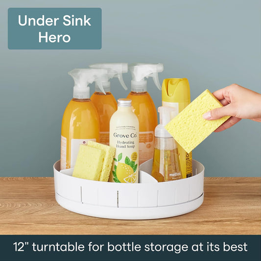 SinkSuite Under Sink Turntable with Adjustable Dividers, Lazy Susan Organizer for Kitchen or Bathroom Storage, White