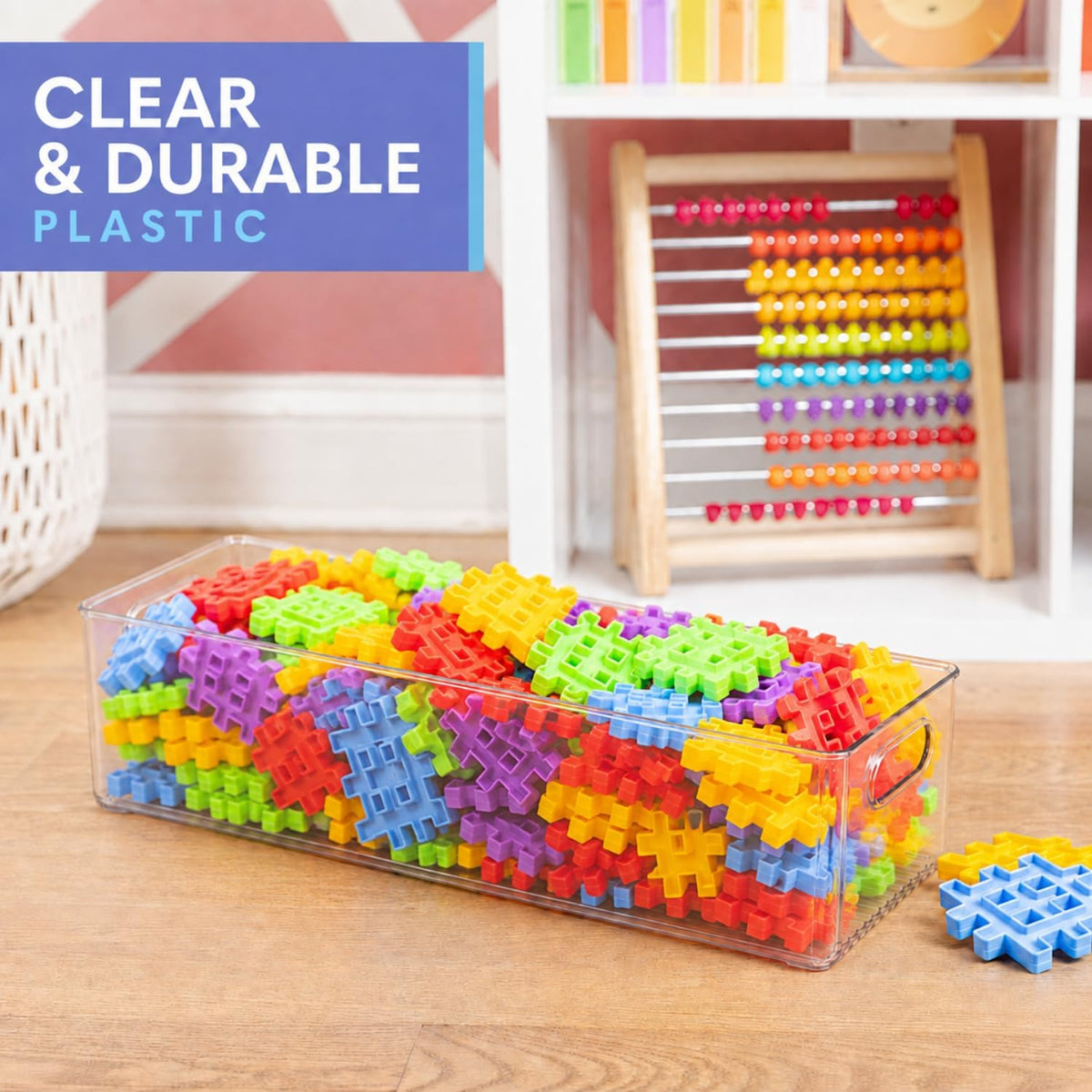 Plastic Food Storage Clear Container 2 Pack Bin with Handles for Organizing Kitchen, Pantry, Refrigerator, Freezer, Pantry, Cabinet, Closet, Bathroom. Stackable 10”x4”x3”