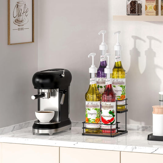Coffee Syrup Rack Organizer 4 Bottle Syrup Holder Stand 2-Tier Storage Shelves for Kitchen Coffee Bar Station