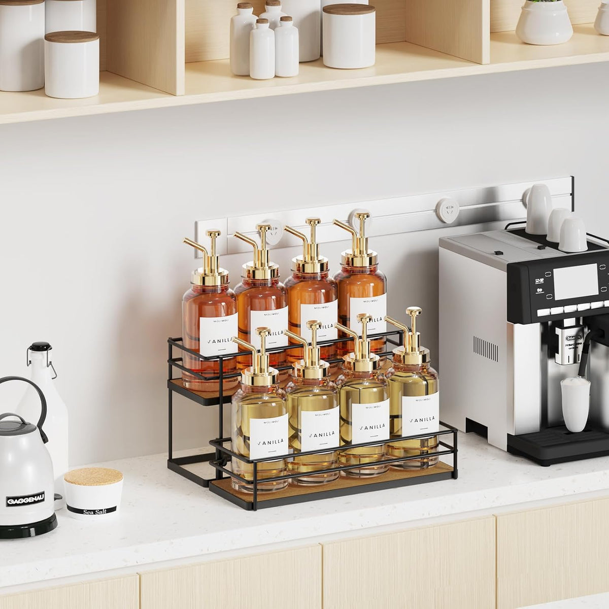 Coffee Syrup Rack Organizer 4 Bottle Syrup Holder Stand 2-Tier Storage Shelves for Kitchen Coffee Bar Station