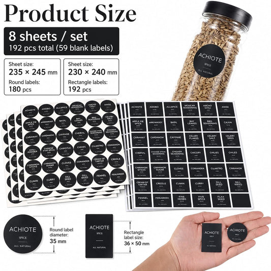 372 Pcs Spice Labels Spice Jar Labels Preprinted Label - Black Waterproof Stickers for Kitchen Dinning Spices Jars Seasoning Label for Pantry Organization (Jars NOT Included)