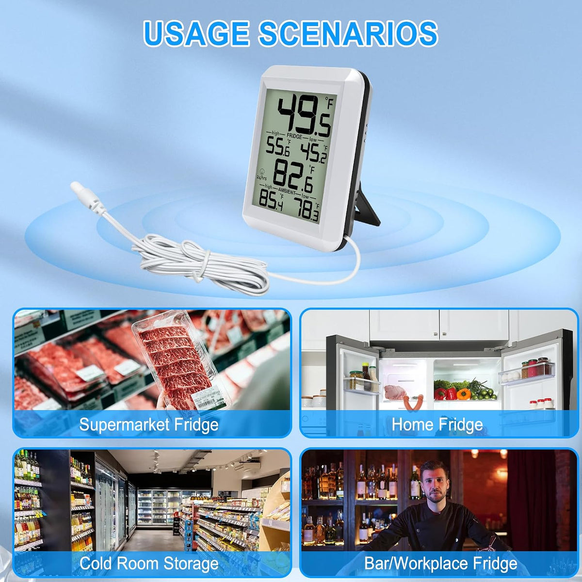 Refrigerator Thermometer, Waterproof Digital Fridge Freezer Room Thermometer Wired with Large LCD Display and Max/Min Record Function