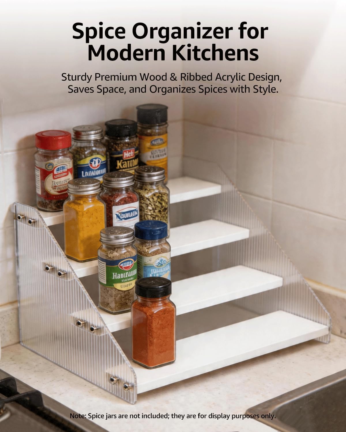 Tiered Spice Rack Organizer for Countertop & Cabinet, 3-Tier 12in Kitchen Seasoning Storage Shelf, Space Saving Standing Spice Organizer, Wooden & Acrylic, Rustic Brown