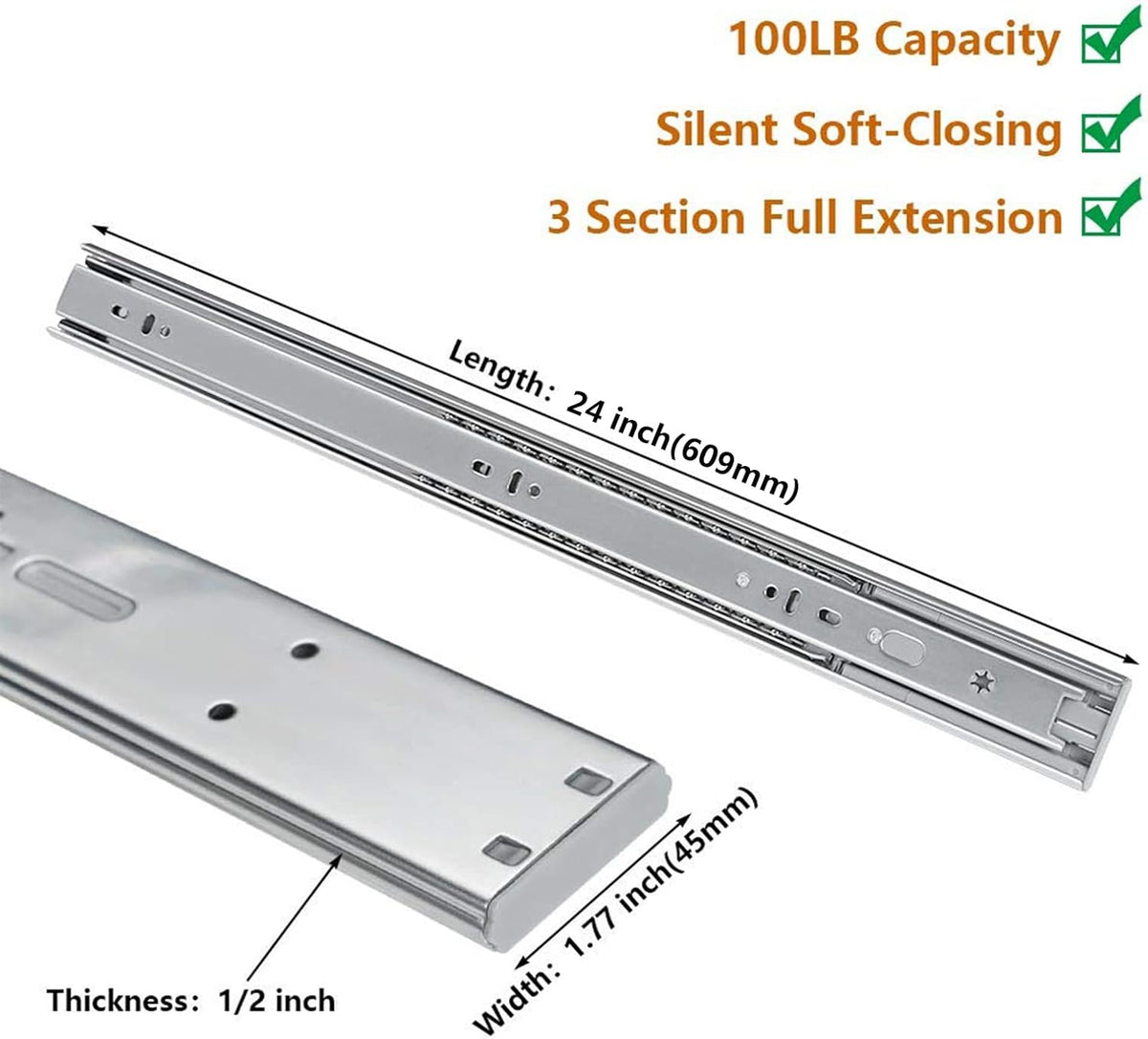 Full Extension Ball Bearing Drawer Slides 8 10 12 14 16 18 20 22 24 Inch Heavy Duty Side Mount File Cabinet Rails Dresser Runner Kitchen Cabinet Drawer Glides 100 LB Capacity (12 inch,1 Pair)