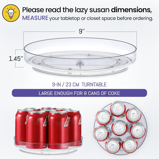 9 Inch Elegant Clear Turntable Acrylic Lazy Susan, Non-Skid Rotating | Smoothly Kitchen Spice Rack, Cabinet Pantry Organization Storage, Refrigerator, Vanity Makeup, Bathroom Countertop Organizer