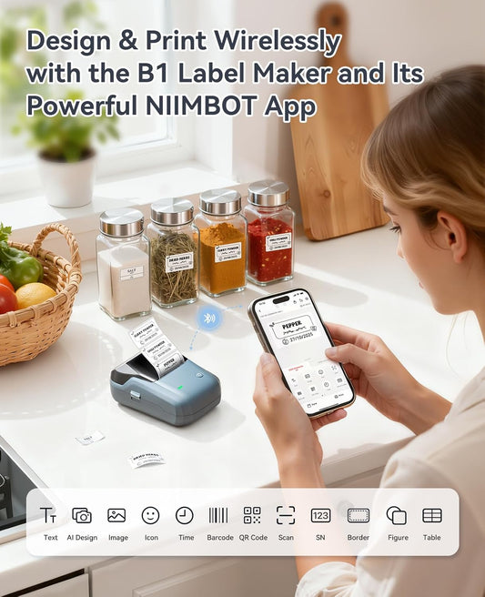 B1 Label Maker Machine with Tape, 2 Inch Portable Label Printer, Bluetooth Thermal Label Printer with Multiple Templates for Small Business,Office,Home,School (Blue, 1 Printer+1 Roll Label)