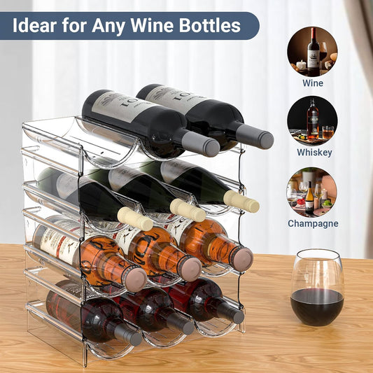 Plastic Water Bottle Organizer and Wine Rack Storage Holder,4 Tier 12 | Containers Stackable Free-Standing Bottle Storage Rack for Kitchen Countertops, Table Top, Pantry, Cabinets, Fridge - Clear