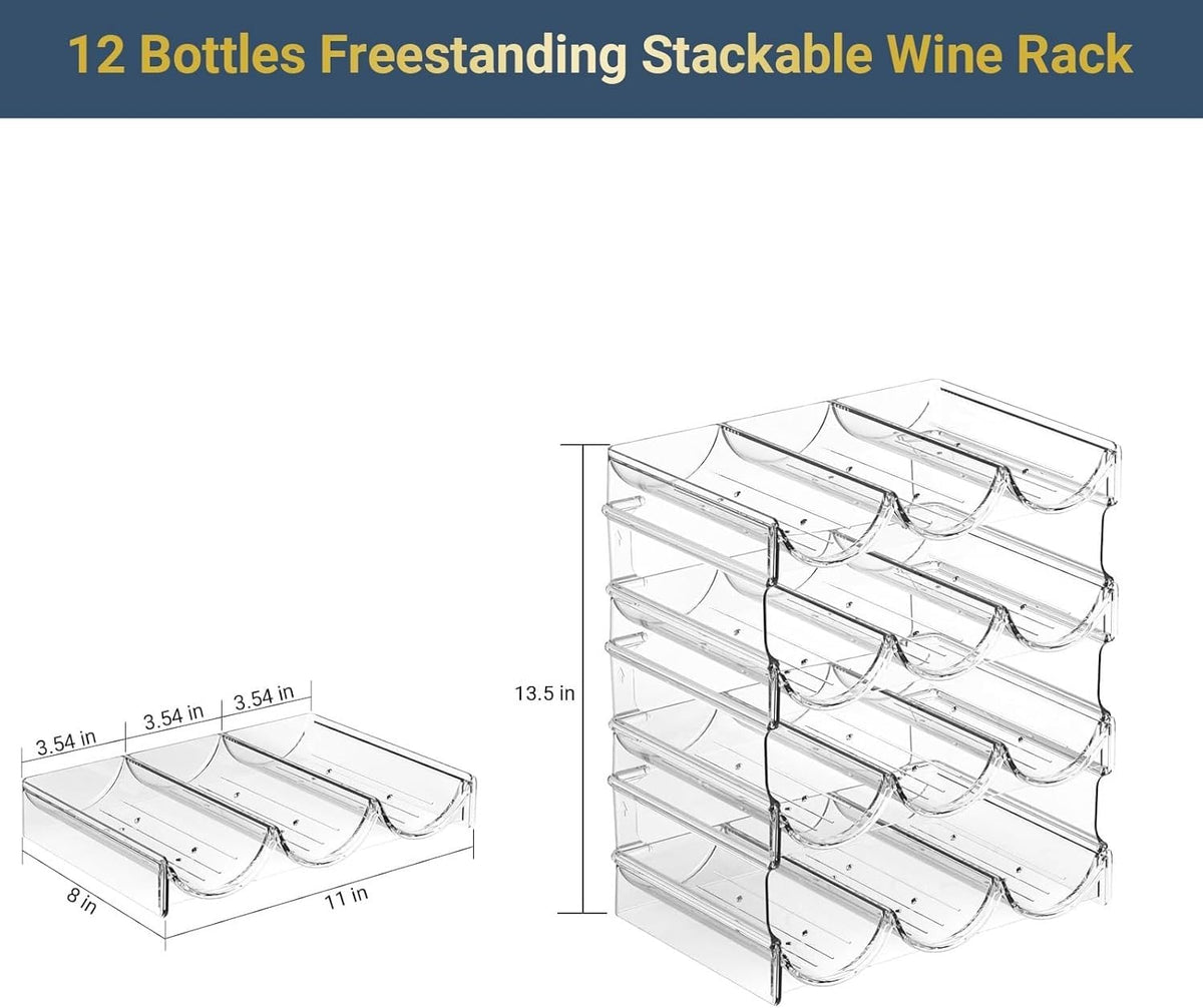 Plastic Water Bottle Organizer and Wine Rack Storage Holder,4 Tier 12 | Containers Stackable Free-Standing Bottle Storage Rack for Kitchen Countertops, Table Top, Pantry, Cabinets, Fridge - Clear