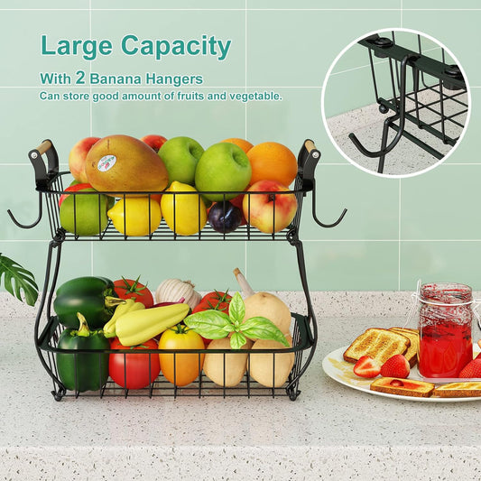 2 Tier Fruit Basket with 2 Banana Hangers, Countertop Fruit Vegetable Basket Bowl for Kitchen Counter Metal Wire Fruits Storage Stand Holder Organizer for Bread Snack Veggies Produce