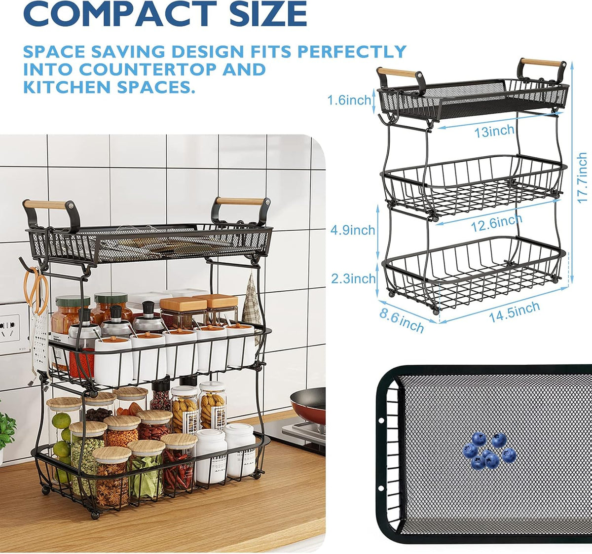 2 Tier Fruit Basket with 2 Banana Hangers, Countertop Fruit Vegetable Basket Bowl for Kitchen Counter Metal Wire Fruits Storage Stand Holder Organizer for Bread Snack Veggies Produce