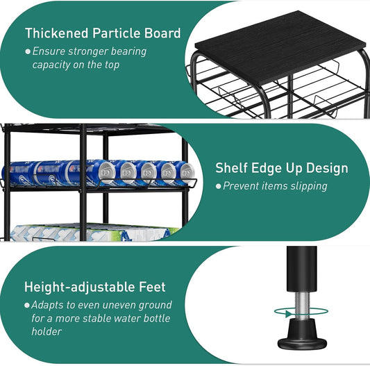 Water Bottle Organizer 7 Tier Free Standing Water Bottle Holder Stand with Storage Shelves Beverage Drink Soda Can Rack Dispenser Metal Storage Shelf for Kitchen Pantry Party Office, Black