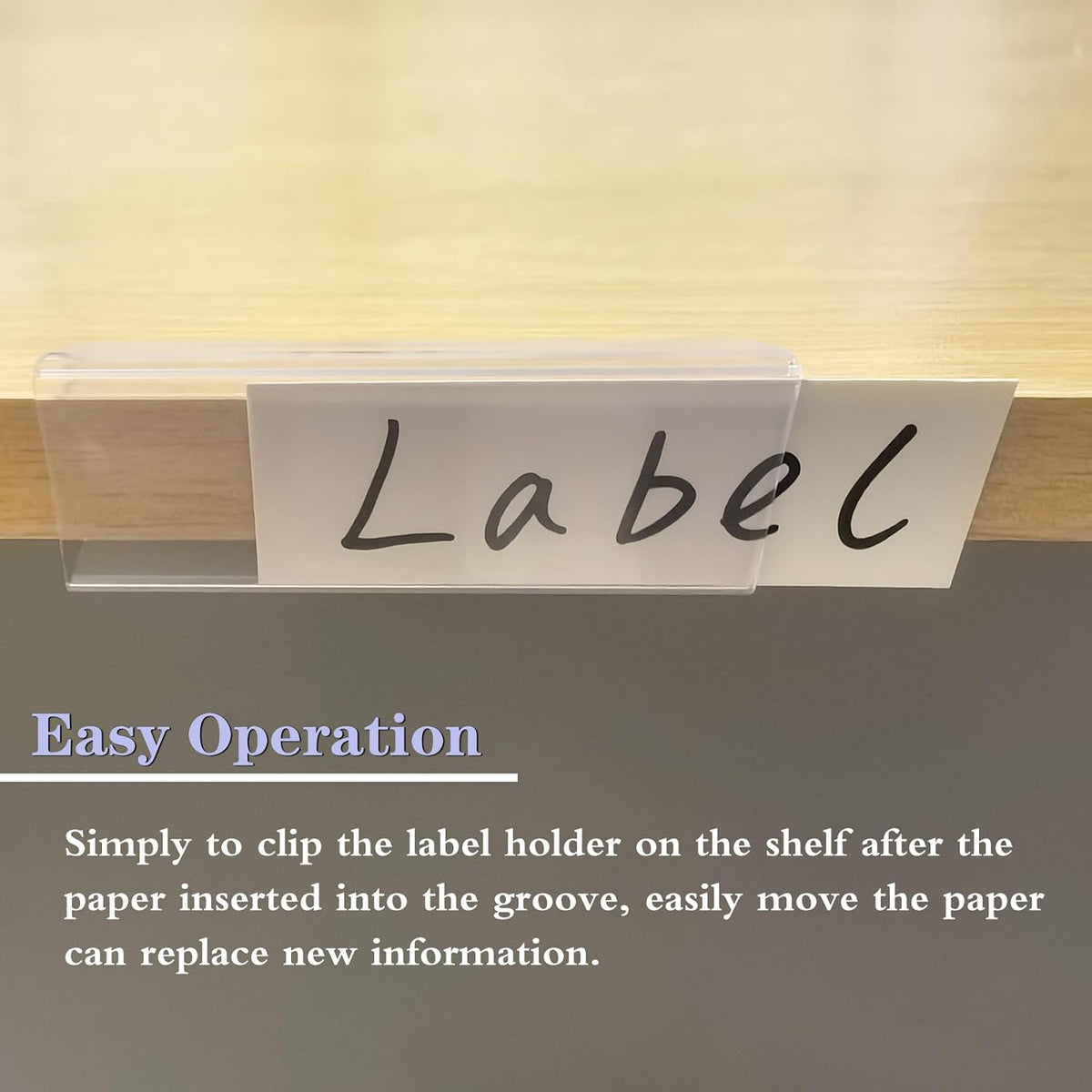 Shelf Label Holder, 50 Pack Wood Shelf Label Holders Plastic Shelf Label Clip Clear Shelf Sign with 50 Pack Label Inserts for Home Office Library Shelves