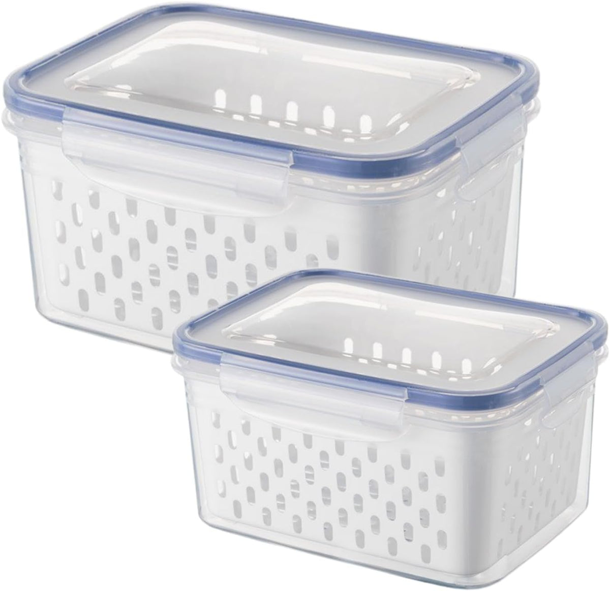 2pcs Fruit Storage Containers for Fridge, Airtight Food Saver Containers with Removable Colander & Lid, Stackable Fridge Organizer Box Set to Keep Vegetables Fresh Longer(Clear White)